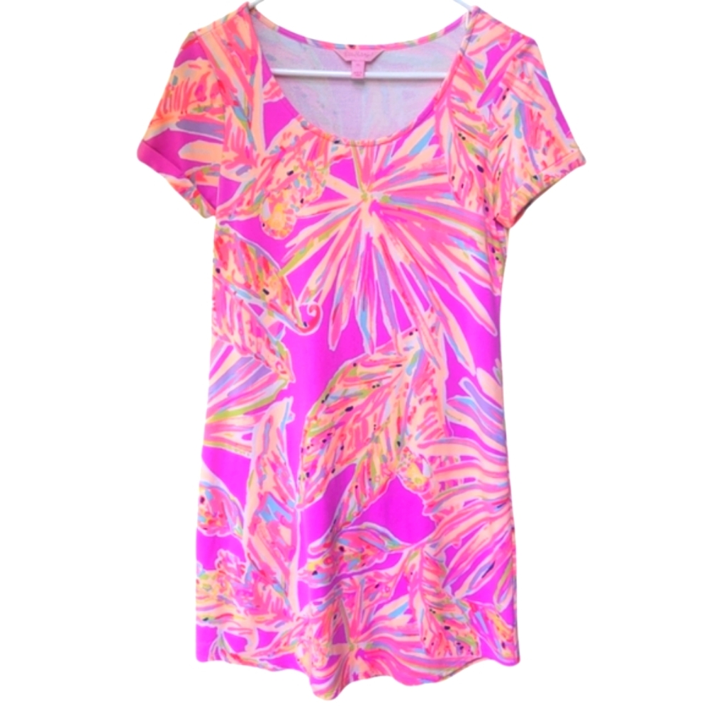 Lilly Pulitzer Tammy T-Shirt Dress Pink Palm Leaf Short Sleeve Size XS